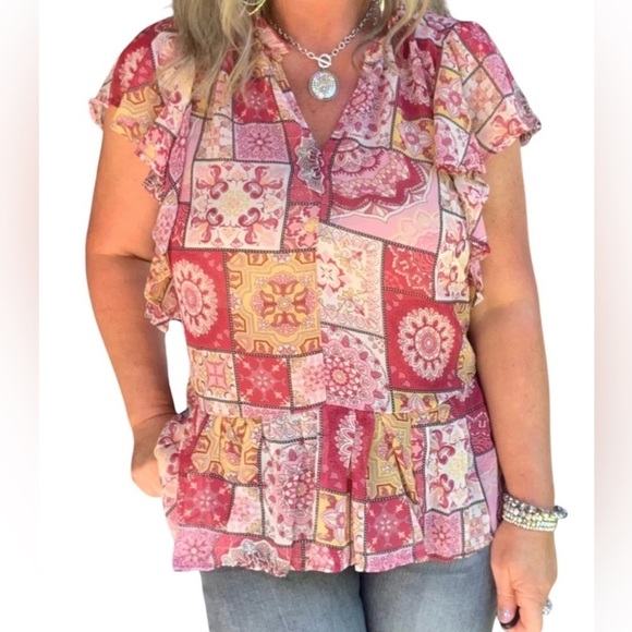 Umgee Tops - Umgee Multicolor Patchwork Blouse with Ruffle Sleeves